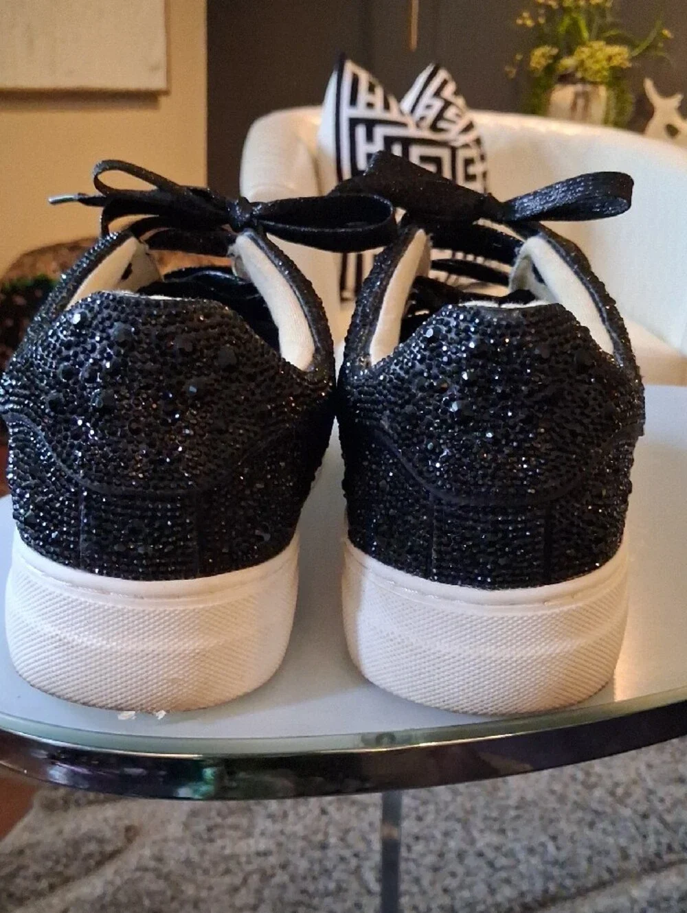 Betsey Johnson Black Glitter Platform Lace-Up Women's Sneakers with White Sole